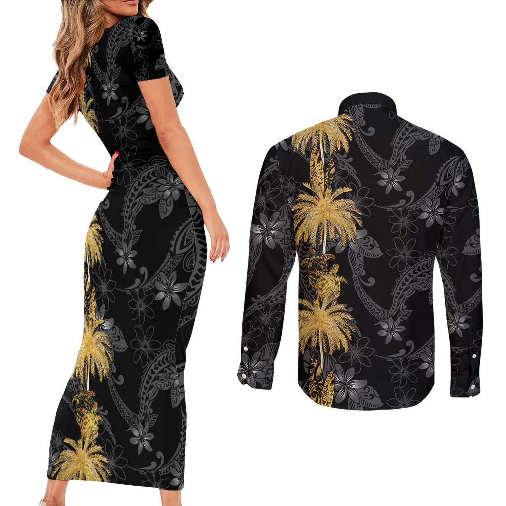 Hawaiian Honu And Surfboards Couples Matching Short Sleeve Bodycon Dress and Long Sleeve Button Shirt Gold Style LT05 - Polynesian Pride