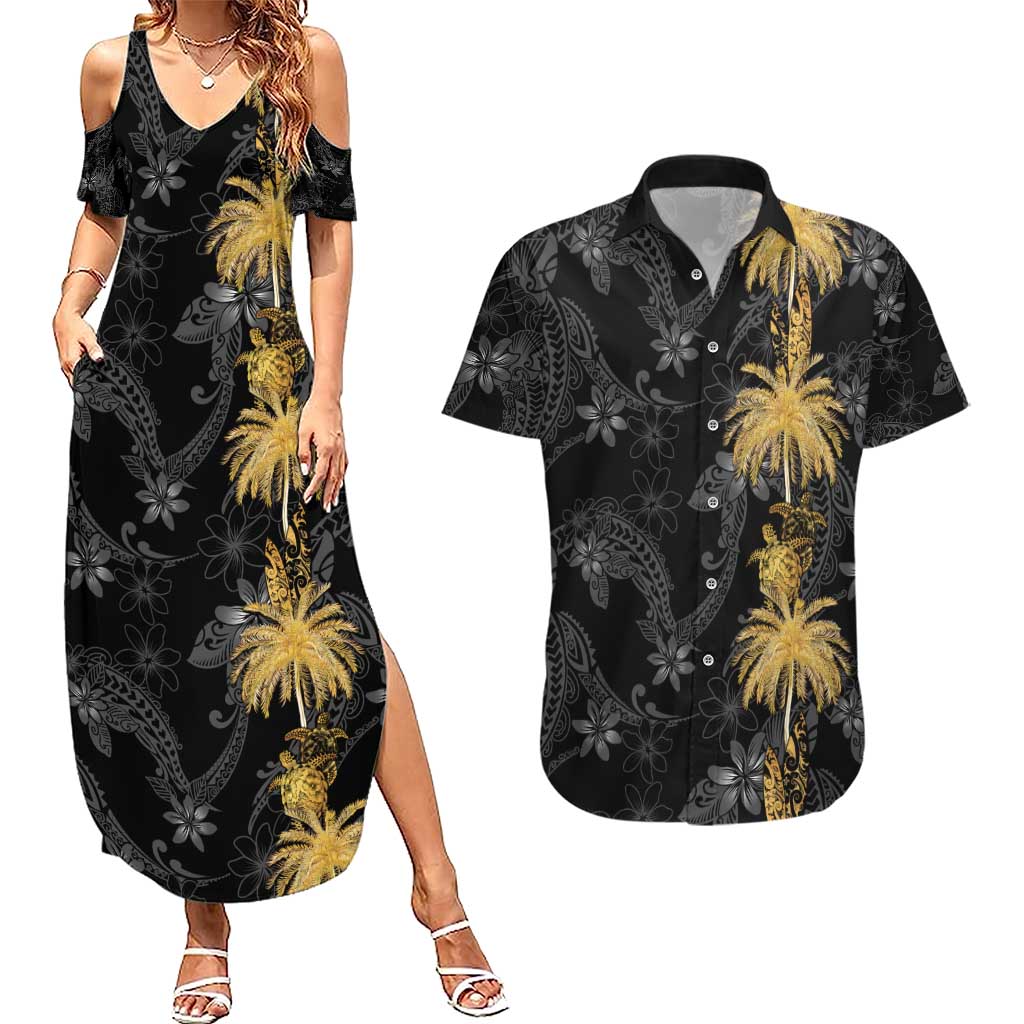 Hawaiian Honu And Surfboards Couples Matching Summer Maxi Dress and Hawaiian Shirt Gold Style LT05 Gold - Polynesian Pride