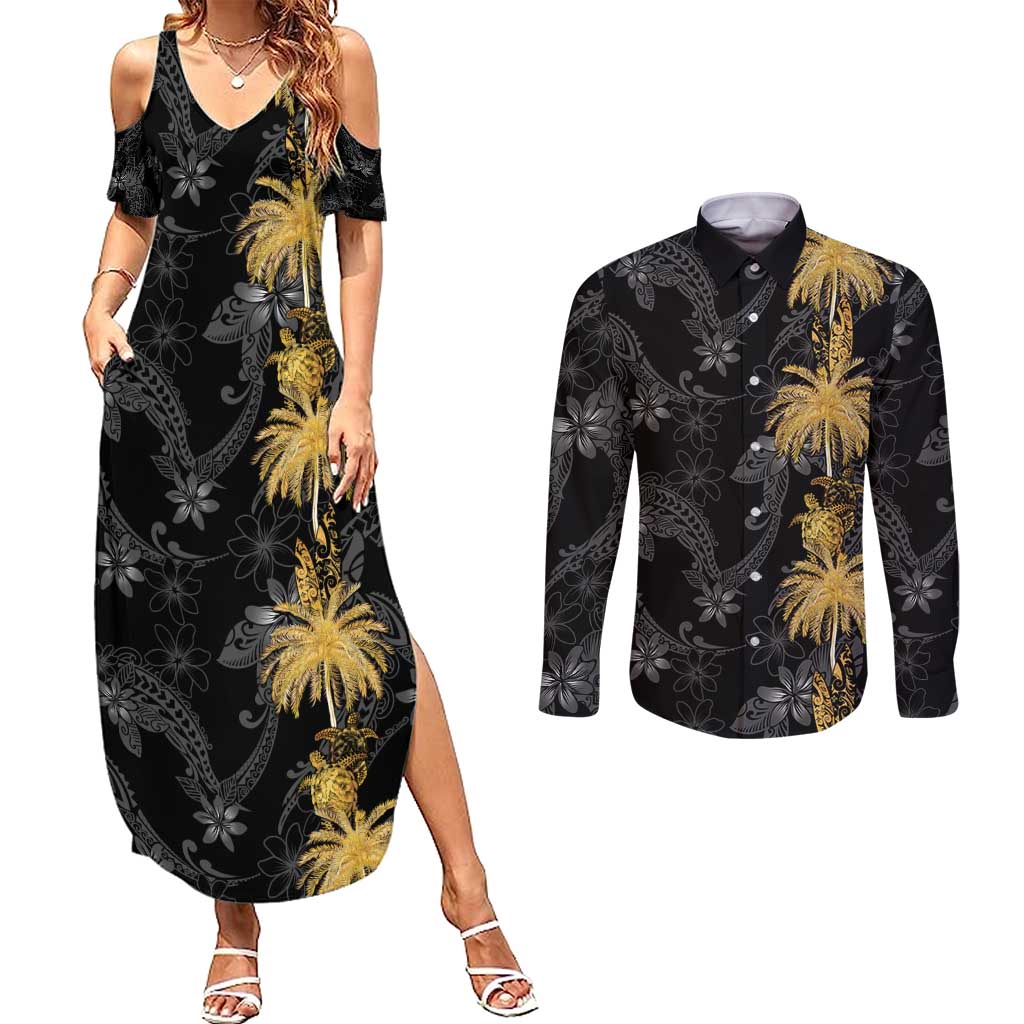 Hawaiian Honu And Surfboards Couples Matching Summer Maxi Dress and Long Sleeve Button Shirt Gold Style LT05 Gold - Polynesian Pride