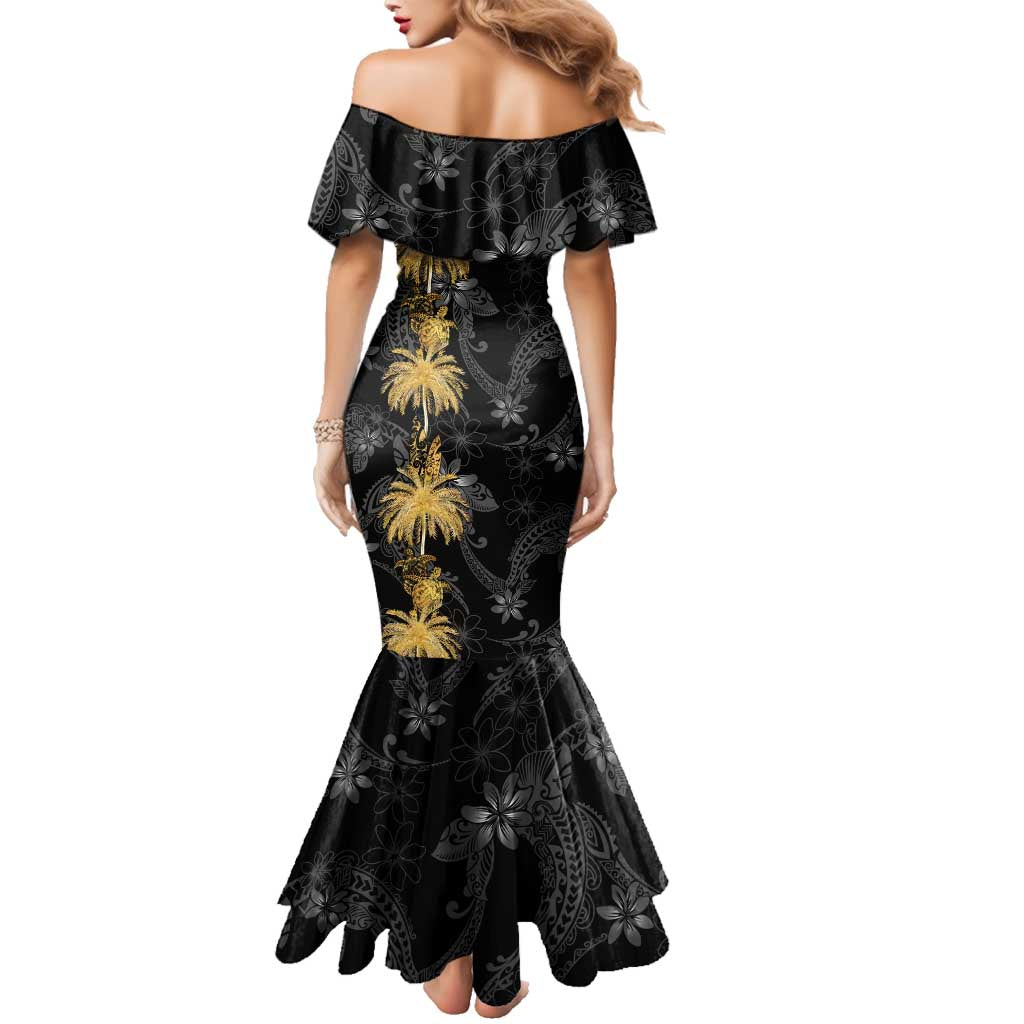 Hawaiian Honu And Surfboards Family Matching Mermaid Dress and Hawaiian Shirt Gold Style - Polynesian Pride