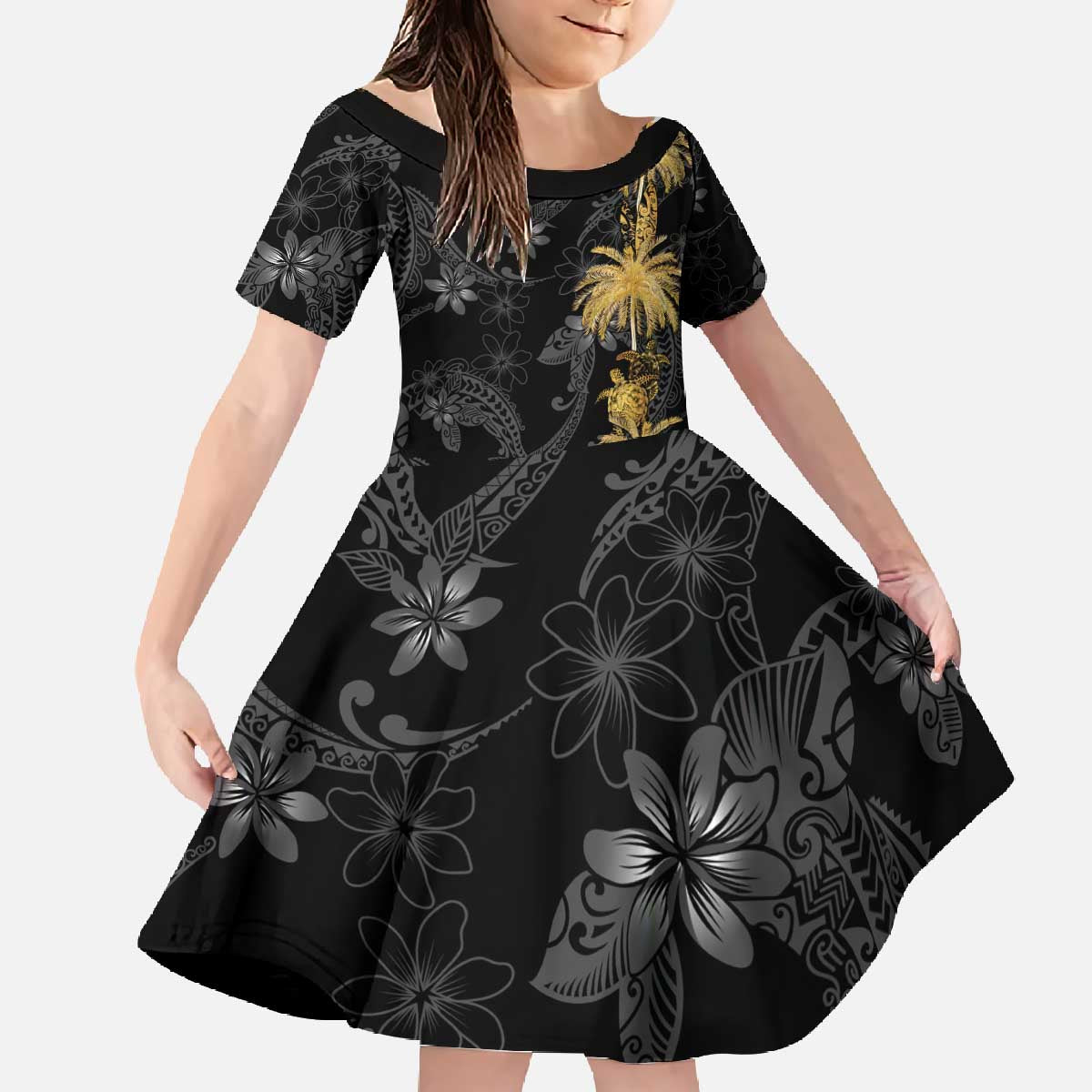 Hawaiian Honu And Surfboards Family Matching Off The Shoulder Long Sleeve Dress and Hawaiian Shirt Gold Style - Polynesian Pride