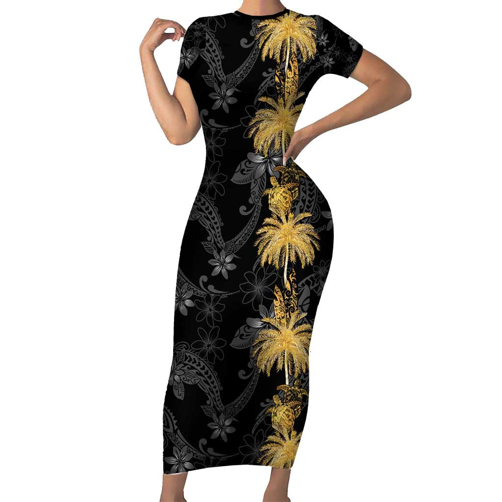 Hawaiian Honu And Surfboards Family Matching Short Sleeve Bodycon Dress and Hawaiian Shirt Gold Style - Polynesian Pride