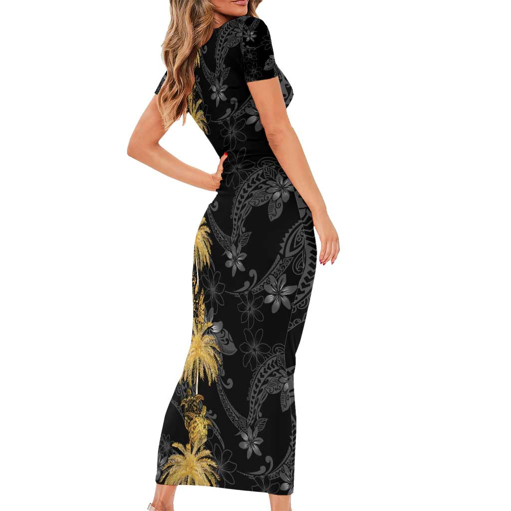 Hawaiian Honu And Surfboards Family Matching Short Sleeve Bodycon Dress and Hawaiian Shirt Gold Style - Polynesian Pride