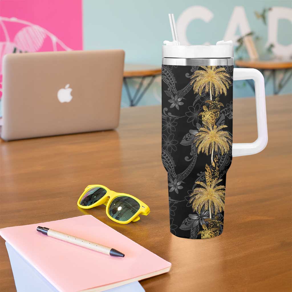 Hawaiian Honu And Surfboards Tumbler With Handle Gold Style - Polynesian Pride