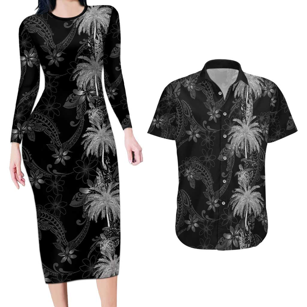 Hawaiian Honu And Surfboards Couples Matching Long Sleeve Bodycon Dress and Hawaiian Shirt Silver Style LT05 Silver - Polynesian Pride
