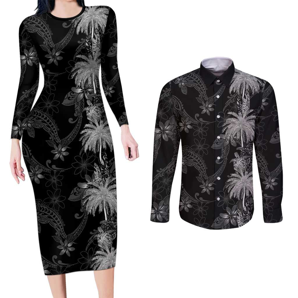 Hawaiian Honu And Surfboards Couples Matching Long Sleeve Bodycon Dress and Long Sleeve Button Shirt Silver Style LT05 Silver - Polynesian Pride