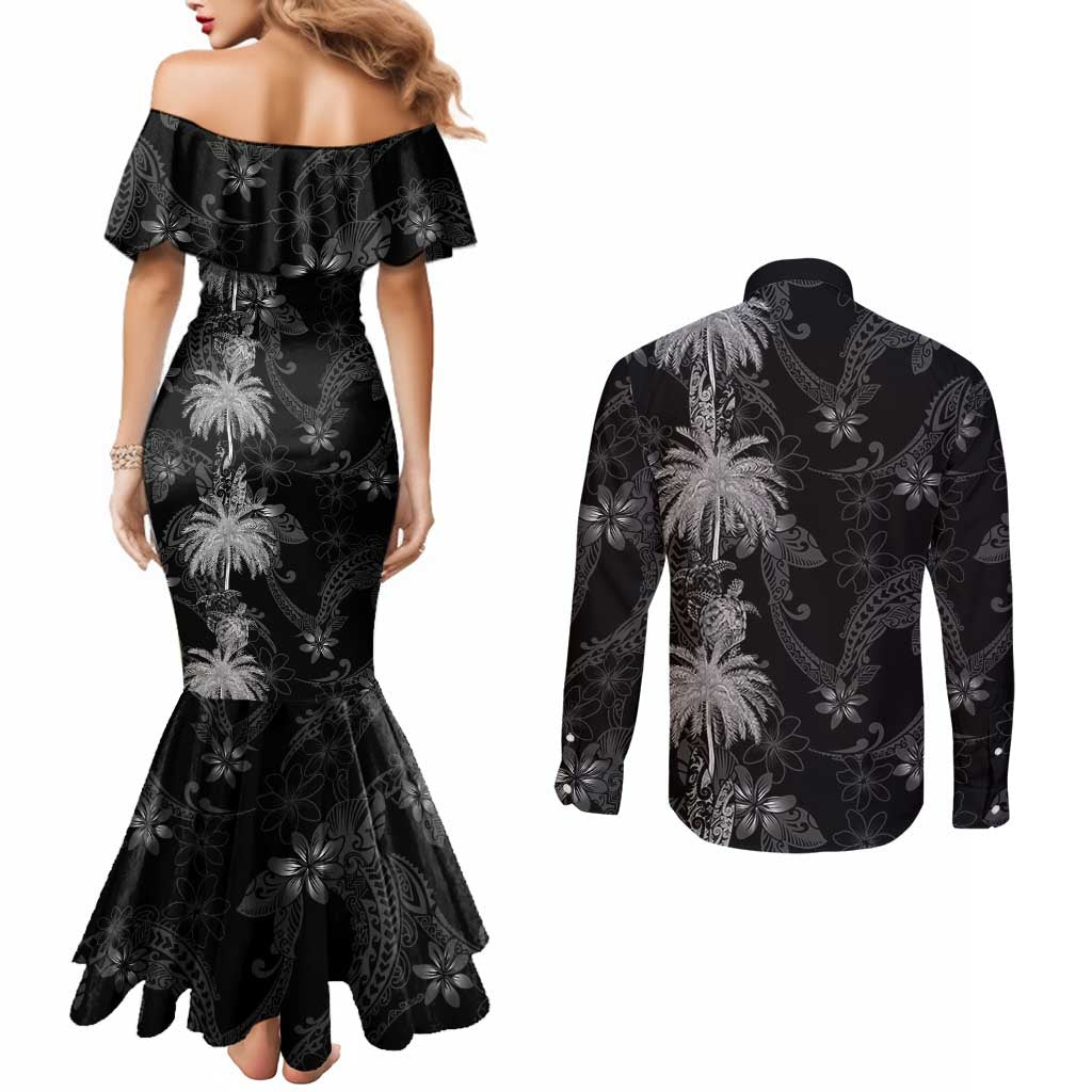 Hawaiian Honu And Surfboards Couples Matching Mermaid Dress and Long Sleeve Button Shirt Silver Style LT05 - Polynesian Pride