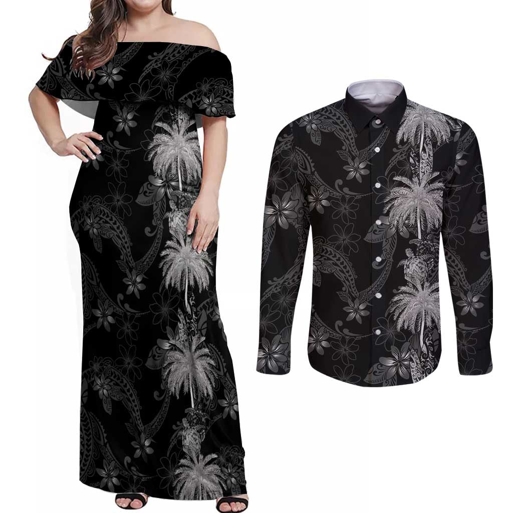Hawaiian Honu And Surfboards Couples Matching Off Shoulder Maxi Dress and Long Sleeve Button Shirt Silver Style LT05 Silver - Polynesian Pride