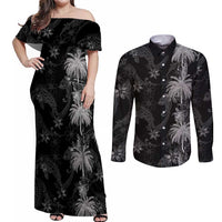 Hawaiian Honu And Surfboards Couples Matching Off Shoulder Maxi Dress and Long Sleeve Button Shirt Silver Style LT05 Silver - Polynesian Pride