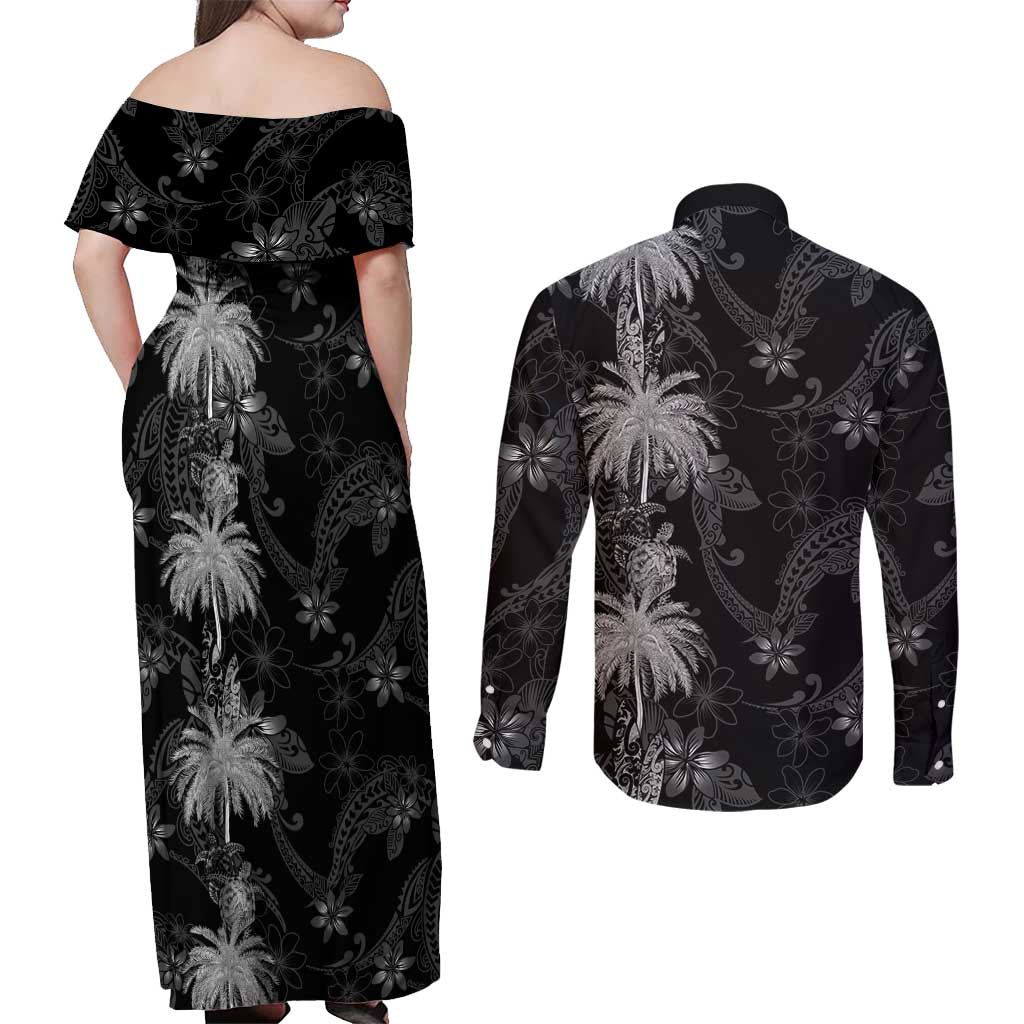 Hawaiian Honu And Surfboards Couples Matching Off Shoulder Maxi Dress and Long Sleeve Button Shirt Silver Style LT05 - Polynesian Pride