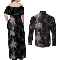 Hawaiian Honu And Surfboards Couples Matching Off Shoulder Maxi Dress and Long Sleeve Button Shirt Silver Style LT05 - Polynesian Pride