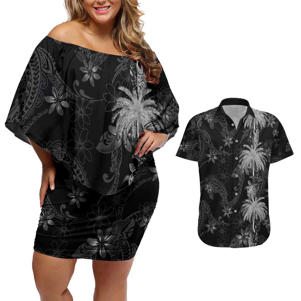 Hawaiian Honu And Surfboards Couples Matching Off Shoulder Short Dress and Hawaiian Shirt Silver Style LT05 Silver - Polynesian Pride