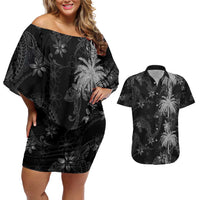 Hawaiian Honu And Surfboards Couples Matching Off Shoulder Short Dress and Hawaiian Shirt Silver Style LT05 Silver - Polynesian Pride