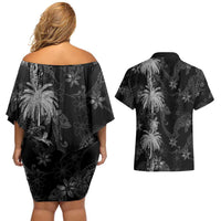 Hawaiian Honu And Surfboards Couples Matching Off Shoulder Short Dress and Hawaiian Shirt Silver Style LT05 - Polynesian Pride
