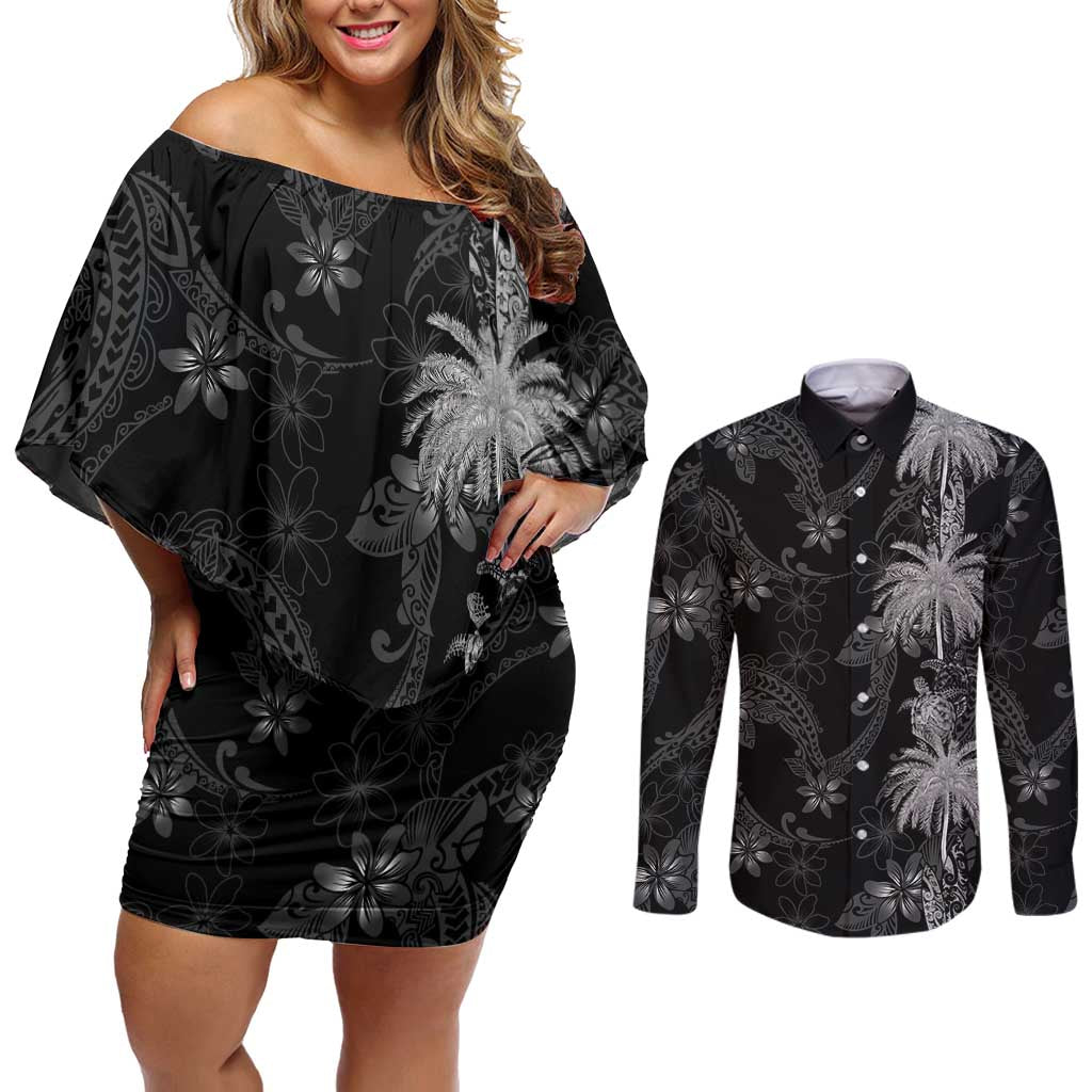 Hawaiian Honu And Surfboards Couples Matching Off Shoulder Short Dress and Long Sleeve Button Shirt Silver Style LT05 Silver - Polynesian Pride