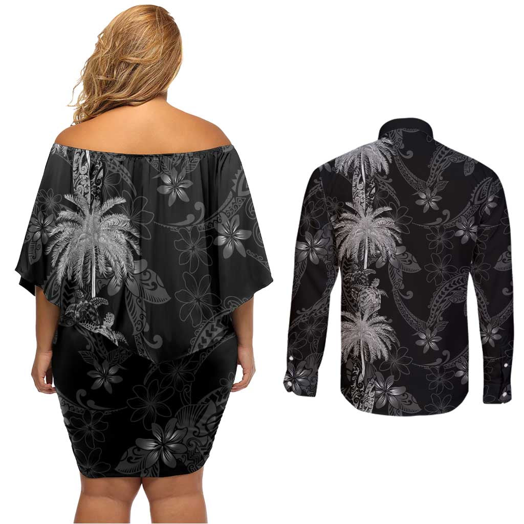 Hawaiian Honu And Surfboards Couples Matching Off Shoulder Short Dress and Long Sleeve Button Shirt Silver Style LT05 - Polynesian Pride