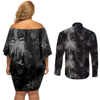 Hawaiian Honu And Surfboards Couples Matching Off Shoulder Short Dress and Long Sleeve Button Shirt Silver Style LT05 - Polynesian Pride