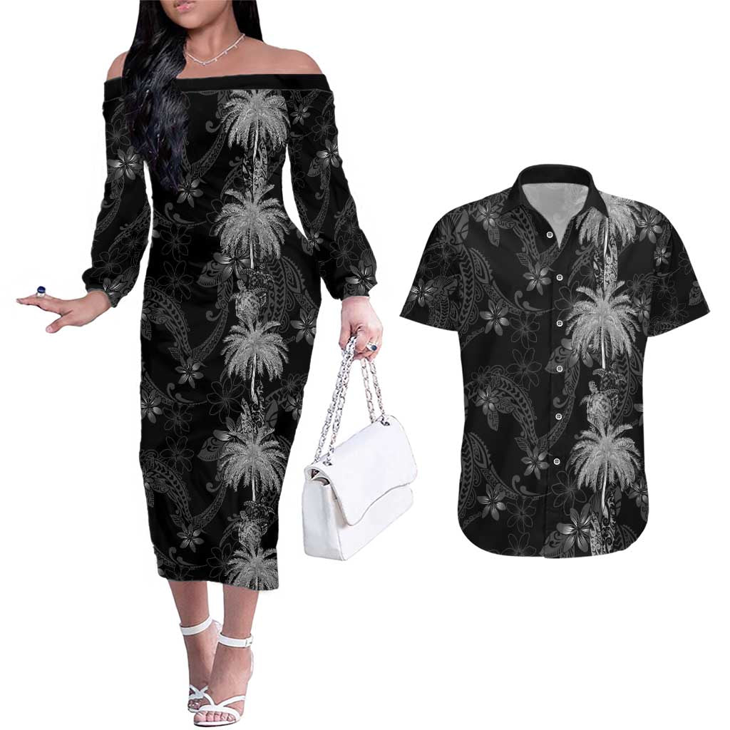 Hawaiian Honu And Surfboards Couples Matching Off The Shoulder Long Sleeve Dress and Hawaiian Shirt Silver Style LT05 Silver - Polynesian Pride