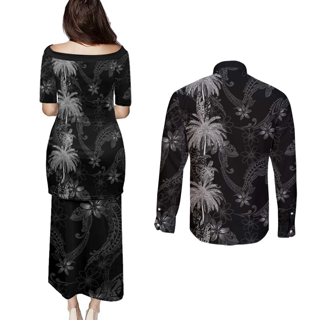 Hawaiian Honu And Surfboards Couples Matching Puletasi and Long Sleeve Button Shirt Silver Style LT05 - Polynesian Pride