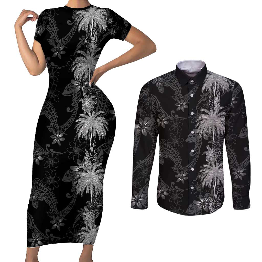 Hawaiian Honu And Surfboards Couples Matching Short Sleeve Bodycon Dress and Long Sleeve Button Shirt Silver Style LT05 Silver - Polynesian Pride