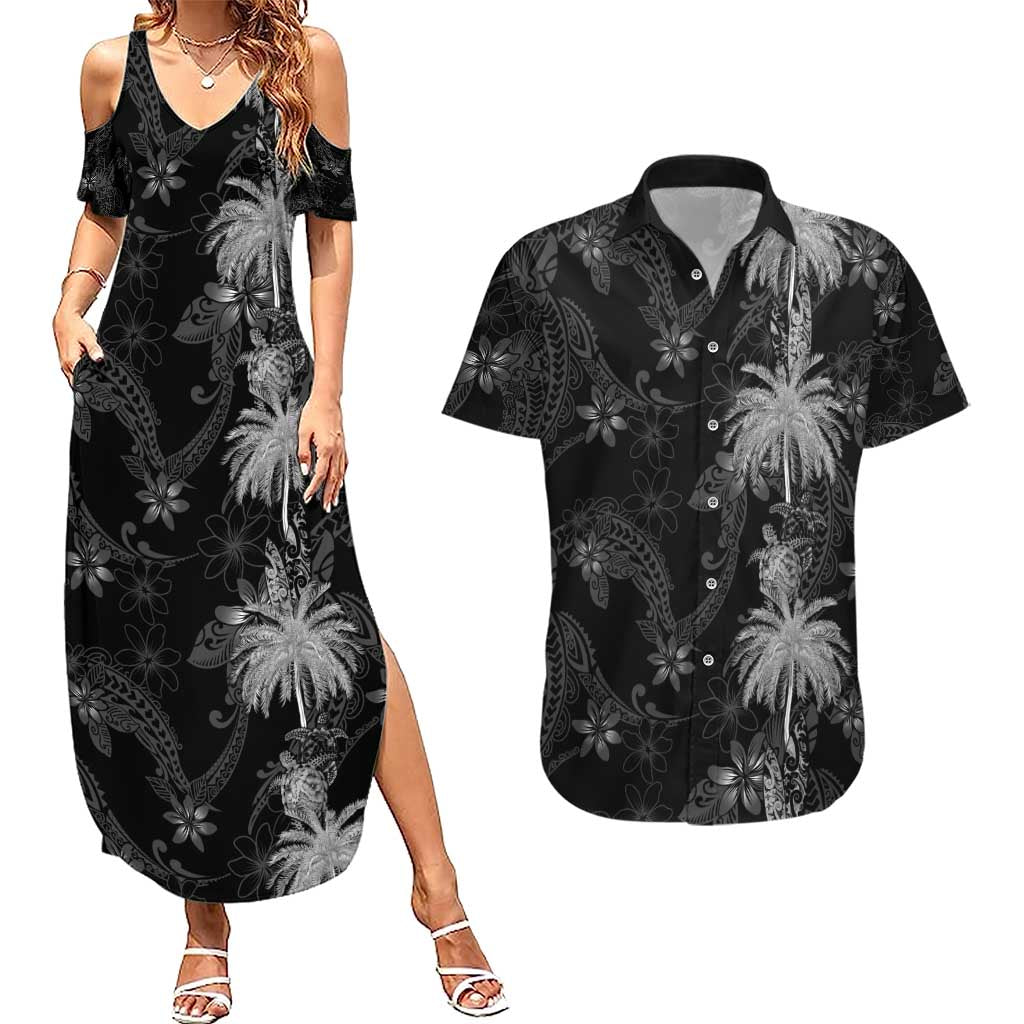 Hawaiian Honu And Surfboards Couples Matching Summer Maxi Dress and Hawaiian Shirt Silver Style LT05 Silver - Polynesian Pride