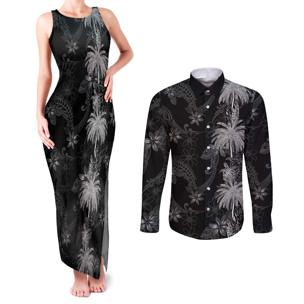 Hawaiian Honu And Surfboards Couples Matching Tank Maxi Dress and Long Sleeve Button Shirt Silver Style LT05 Silver - Polynesian Pride