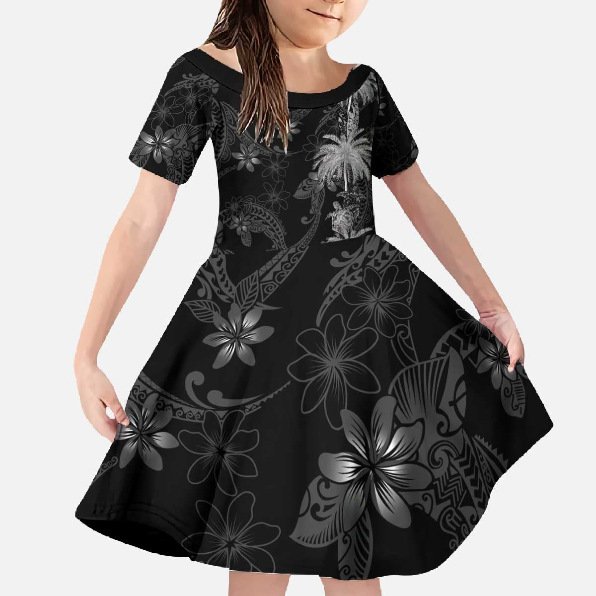 Hawaiian Honu And Surfboards Family Matching Off The Shoulder Long Sleeve Dress and Hawaiian Shirt Silver Style - Polynesian Pride