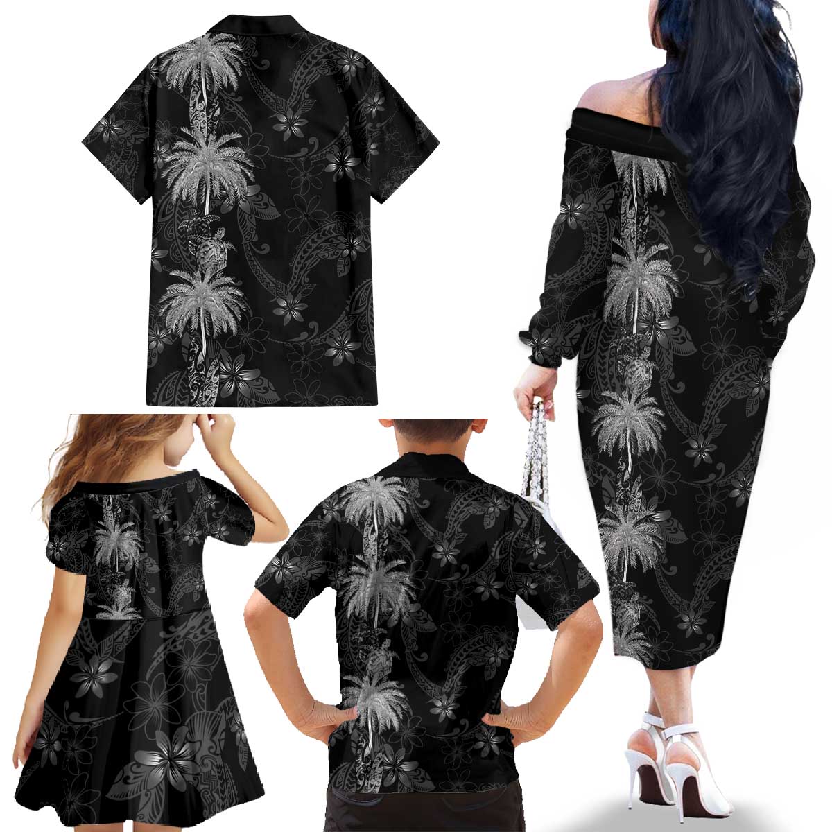 Hawaiian Honu And Surfboards Family Matching Off The Shoulder Long Sleeve Dress and Hawaiian Shirt Silver Style - Polynesian Pride