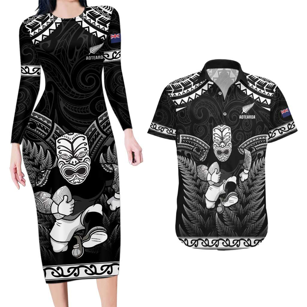 Custom New Zealand Maori Tiki Rugby Couples Matching Long Sleeve Bodycon Dress and Hawaiian Shirt Go Aotearoa Maori Pattern