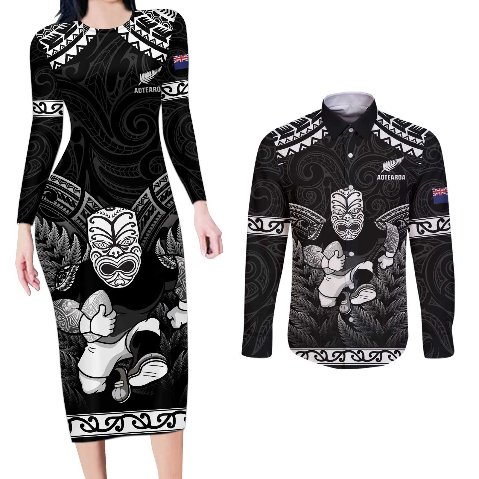 Custom New Zealand Maori Tiki Rugby Couples Matching Long Sleeve Bodycon Dress and Long Sleeve Button Shirt Go Aotearoa Maori Pattern