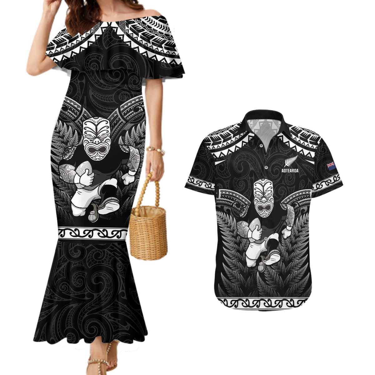 Custom New Zealand Maori Tiki Rugby Couples Matching Mermaid Dress and Hawaiian Shirt Go Aotearoa Maori Pattern