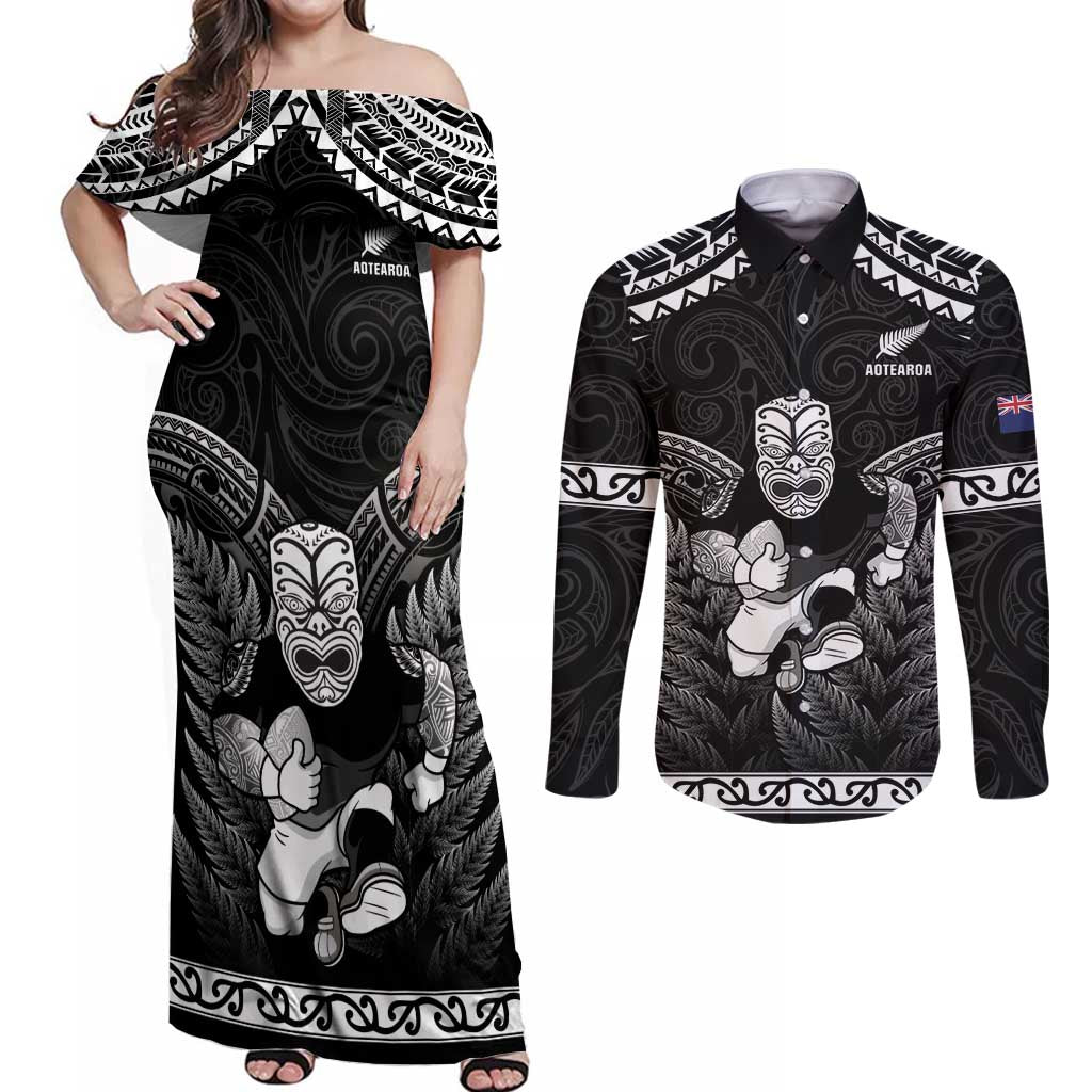 Custom New Zealand Maori Tiki Rugby Couples Matching Off Shoulder Maxi Dress and Long Sleeve Button Shirt Go Aotearoa Maori Pattern