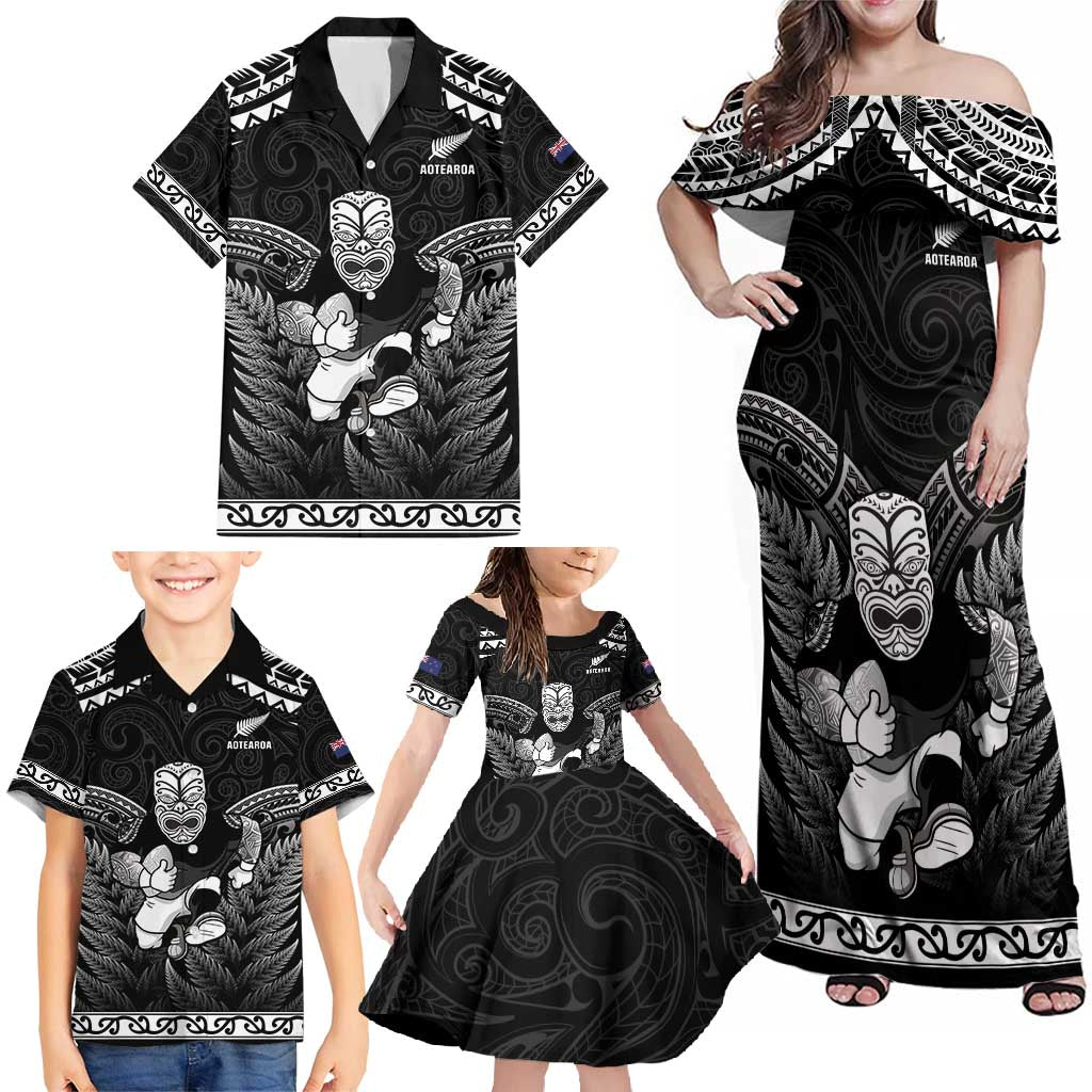 Custom New Zealand Maori Tiki Rugby Family Matching Off Shoulder Maxi Dress and Hawaiian Shirt Go Aotearoa Maori Pattern