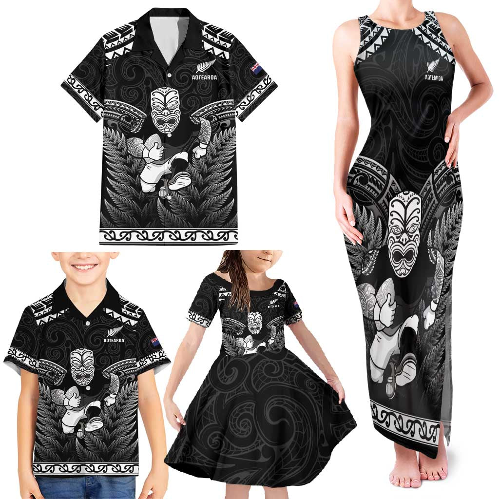 Custom New Zealand Maori Tiki Rugby Family Matching Tank Maxi Dress and Hawaiian Shirt Go Aotearoa Maori Pattern