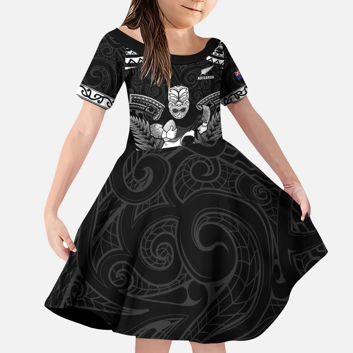 Custom New Zealand Maori Tiki Rugby Kid Short Sleeve Dress Go Aotearoa Maori Pattern