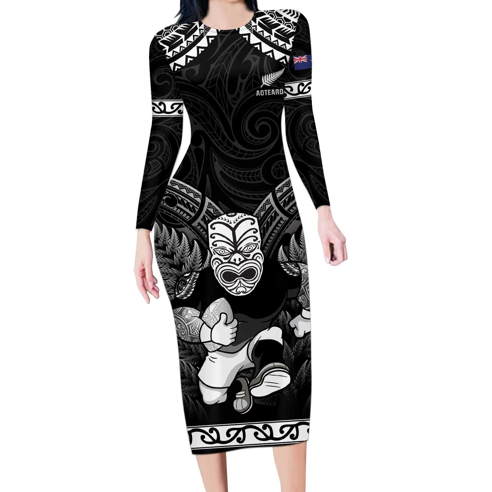 Custom New Zealand Maori Tiki Rugby Long Sleeve Bodycon Dress Go Aotearoa Maori Pattern