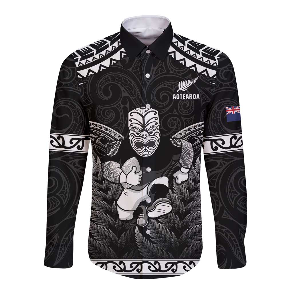 Custom New Zealand Maori Tiki Rugby Long Sleeve Button Shirt Go Aotearoa Maori Pattern