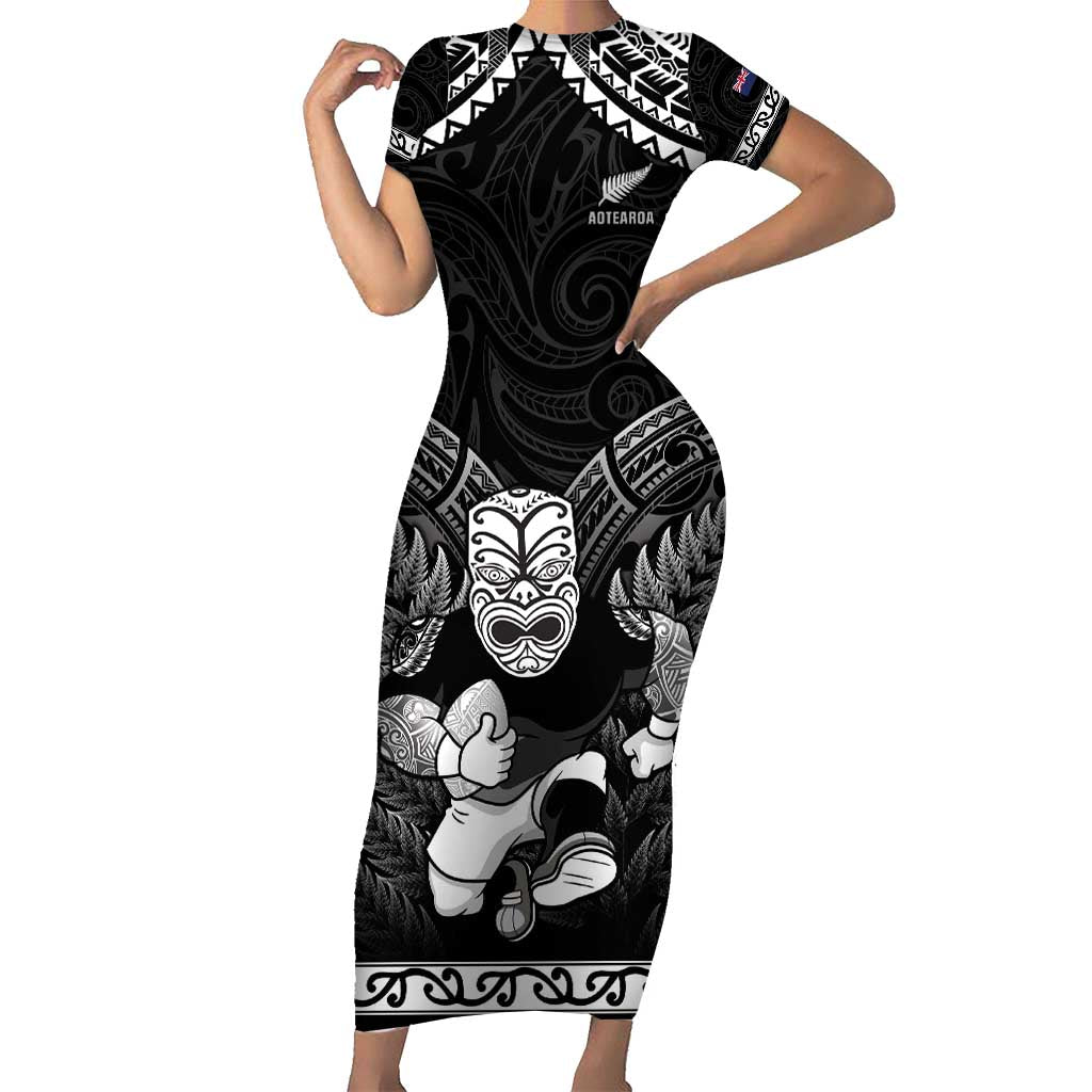 Custom New Zealand Maori Tiki Rugby Short Sleeve Bodycon Dress Go Aotearoa Maori Pattern