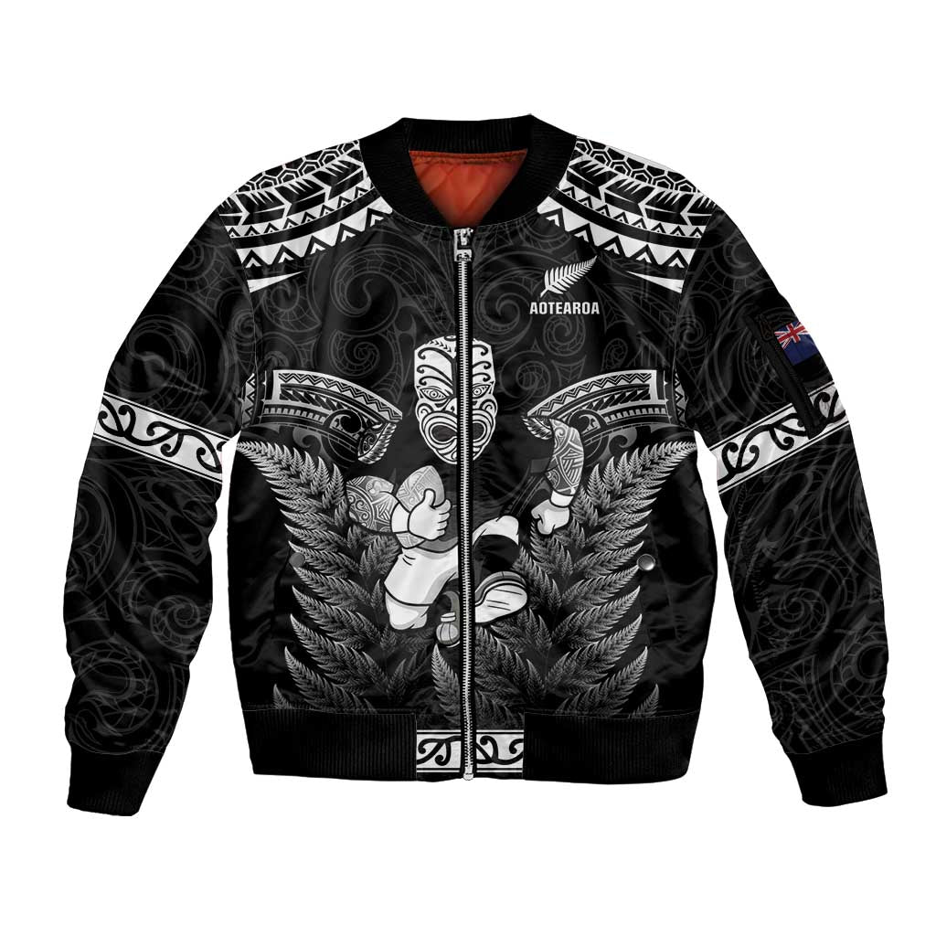 Custom New Zealand Maori Tiki Rugby Sleeve Zip Bomber Jacket Go Aotearoa Maori Pattern