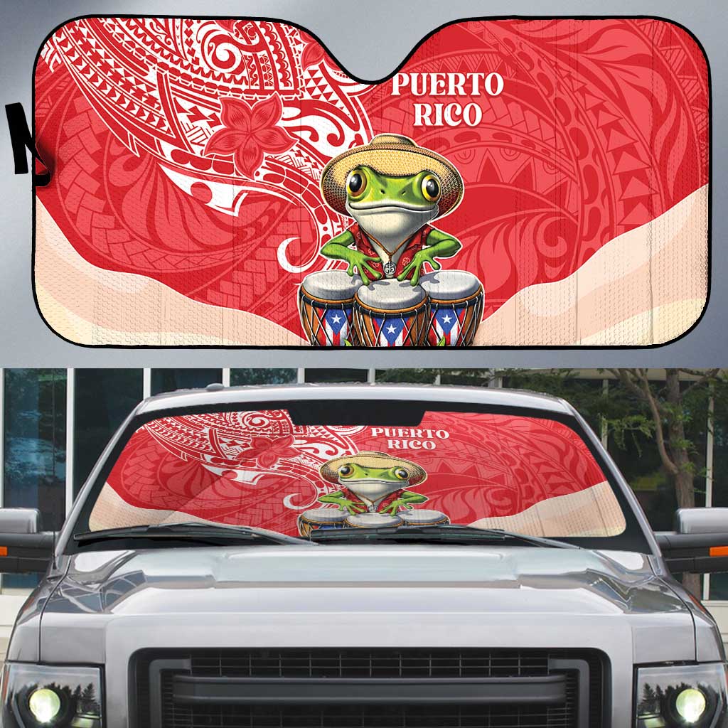 Puerto Rico Auto Sun Shade Coqui Frog With Polynesian Pattern LT05 Red - Polynesian Pride