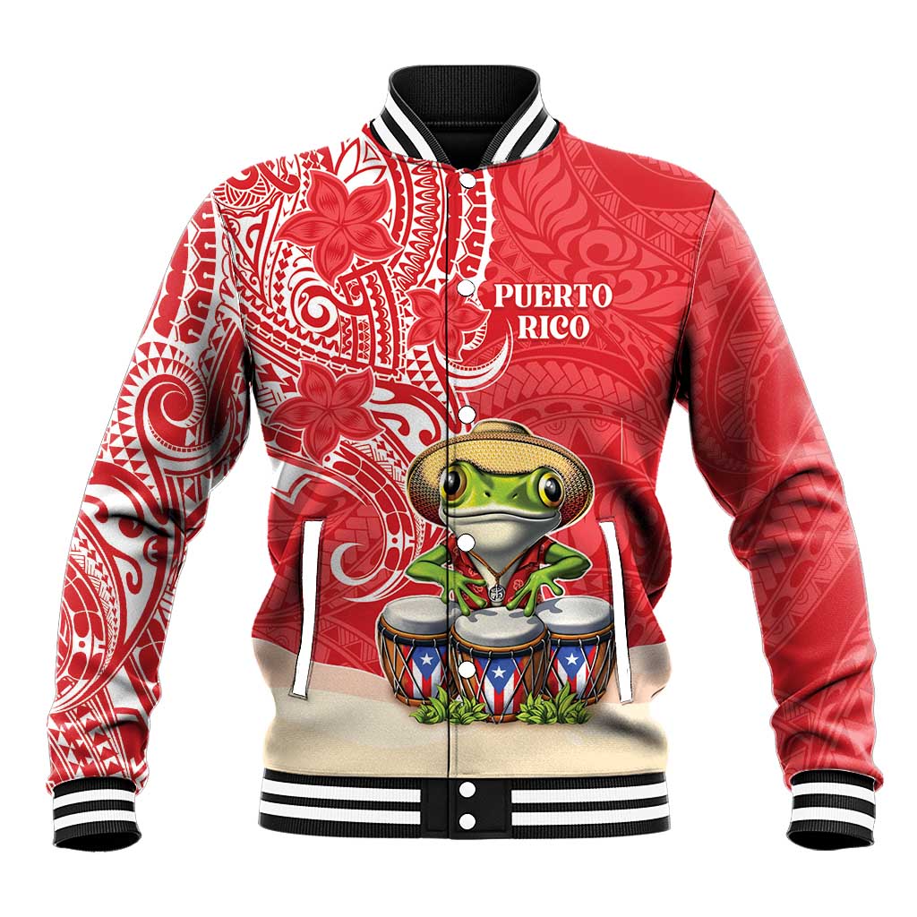 Personalized Puerto Rico Baseball Jacket Coqui Frog With Polynesian Pattern LT05 Unisex Red - Polynesian Pride