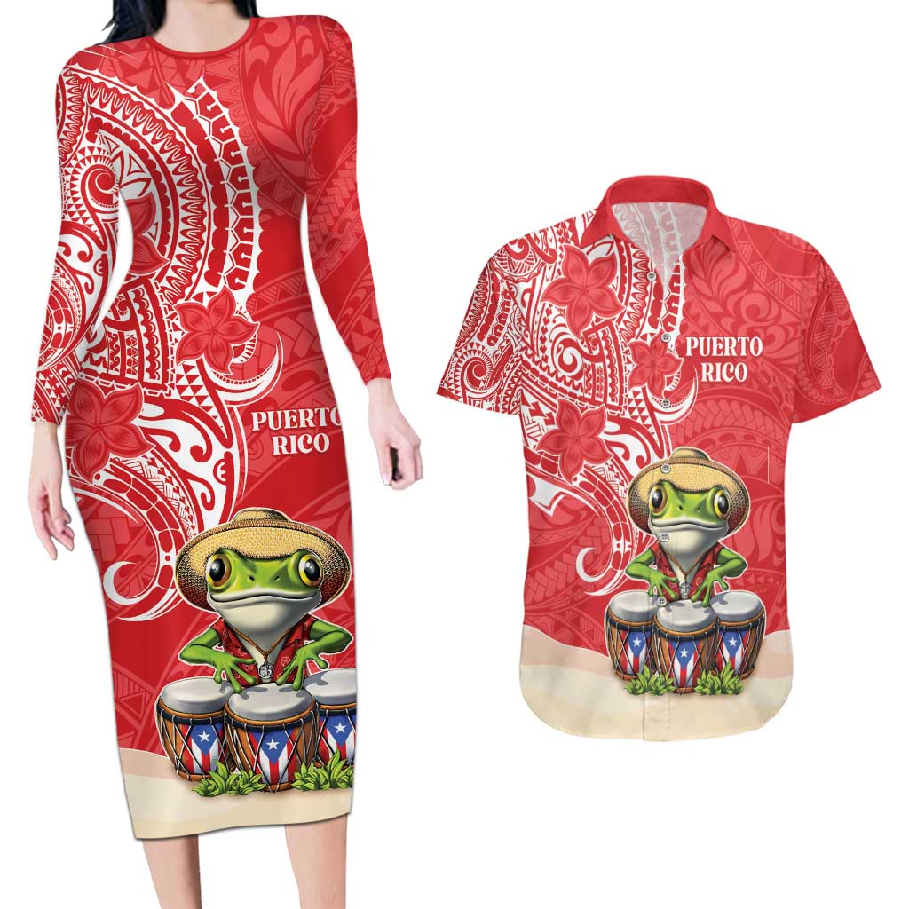 Personalized Puerto Rico Couples Matching Long Sleeve Bodycon Dress and Hawaiian Shirt Coqui Frog With Polynesian Pattern - Polynesian Pride