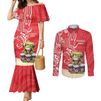 Personalized Puerto Rico Couples Matching Mermaid Dress and Long Sleeve Button Shirt Coqui Frog With Polynesian Pattern LT05 Red - Polynesian Pride