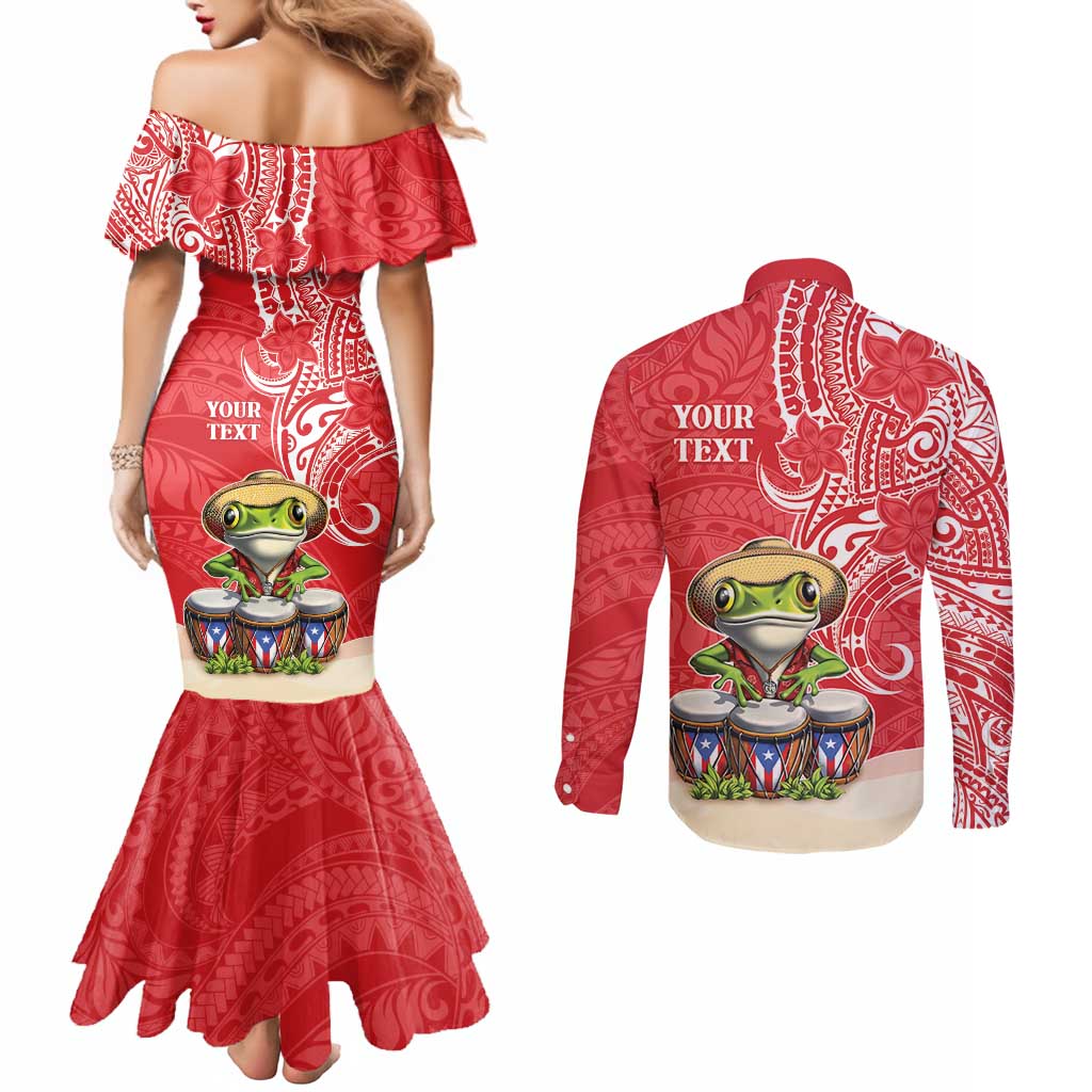 Personalized Puerto Rico Couples Matching Mermaid Dress and Long Sleeve Button Shirt Coqui Frog With Polynesian Pattern LT05 - Polynesian Pride