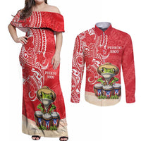 Personalized Puerto Rico Couples Matching Off Shoulder Maxi Dress and Long Sleeve Button Shirt Coqui Frog With Polynesian Pattern LT05 Red - Polynesian Pride
