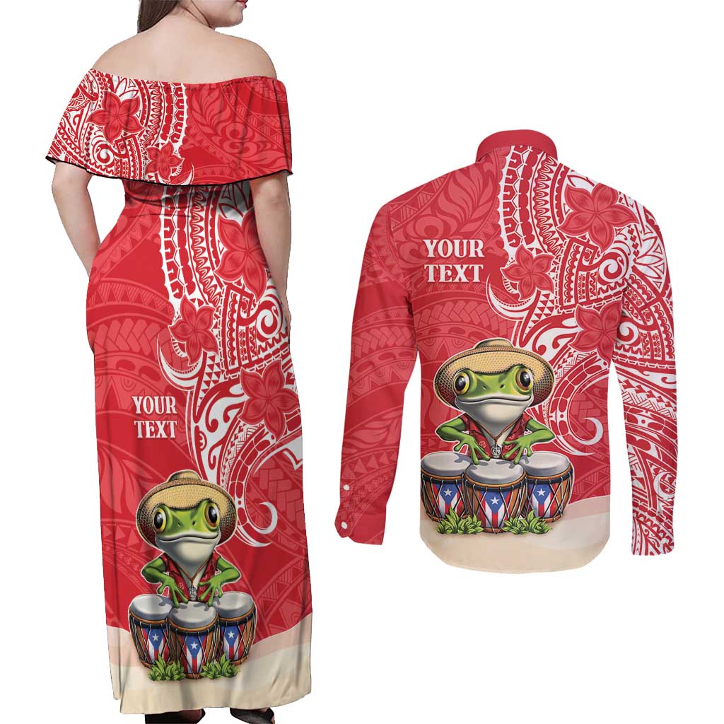 Personalized Puerto Rico Couples Matching Off Shoulder Maxi Dress and Long Sleeve Button Shirt Coqui Frog With Polynesian Pattern LT05 - Polynesian Pride