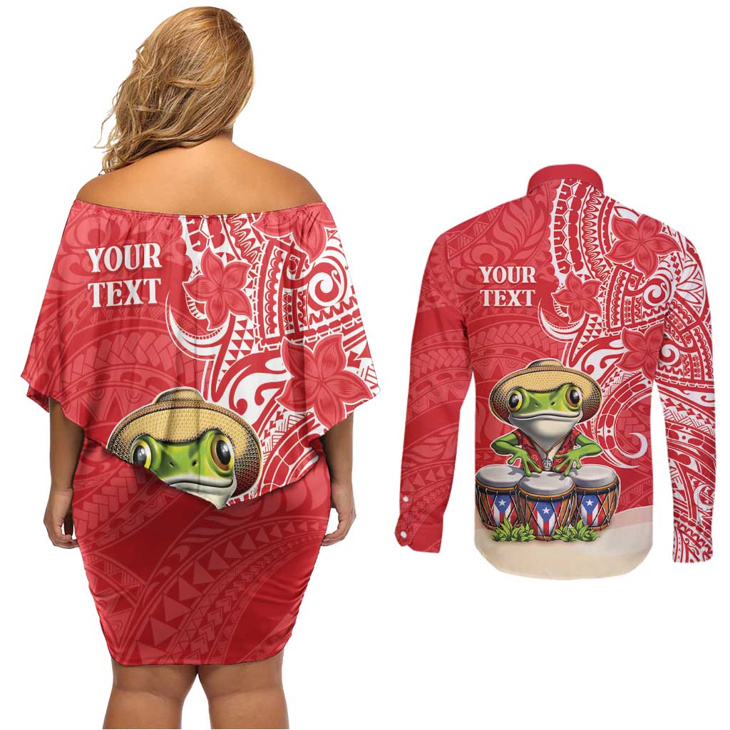 Personalized Puerto Rico Couples Matching Off Shoulder Short Dress and Long Sleeve Button Shirt Coqui Frog With Polynesian Pattern LT05 - Polynesian Pride