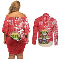 Personalized Puerto Rico Couples Matching Off Shoulder Short Dress and Long Sleeve Button Shirt Coqui Frog With Polynesian Pattern LT05 - Polynesian Pride