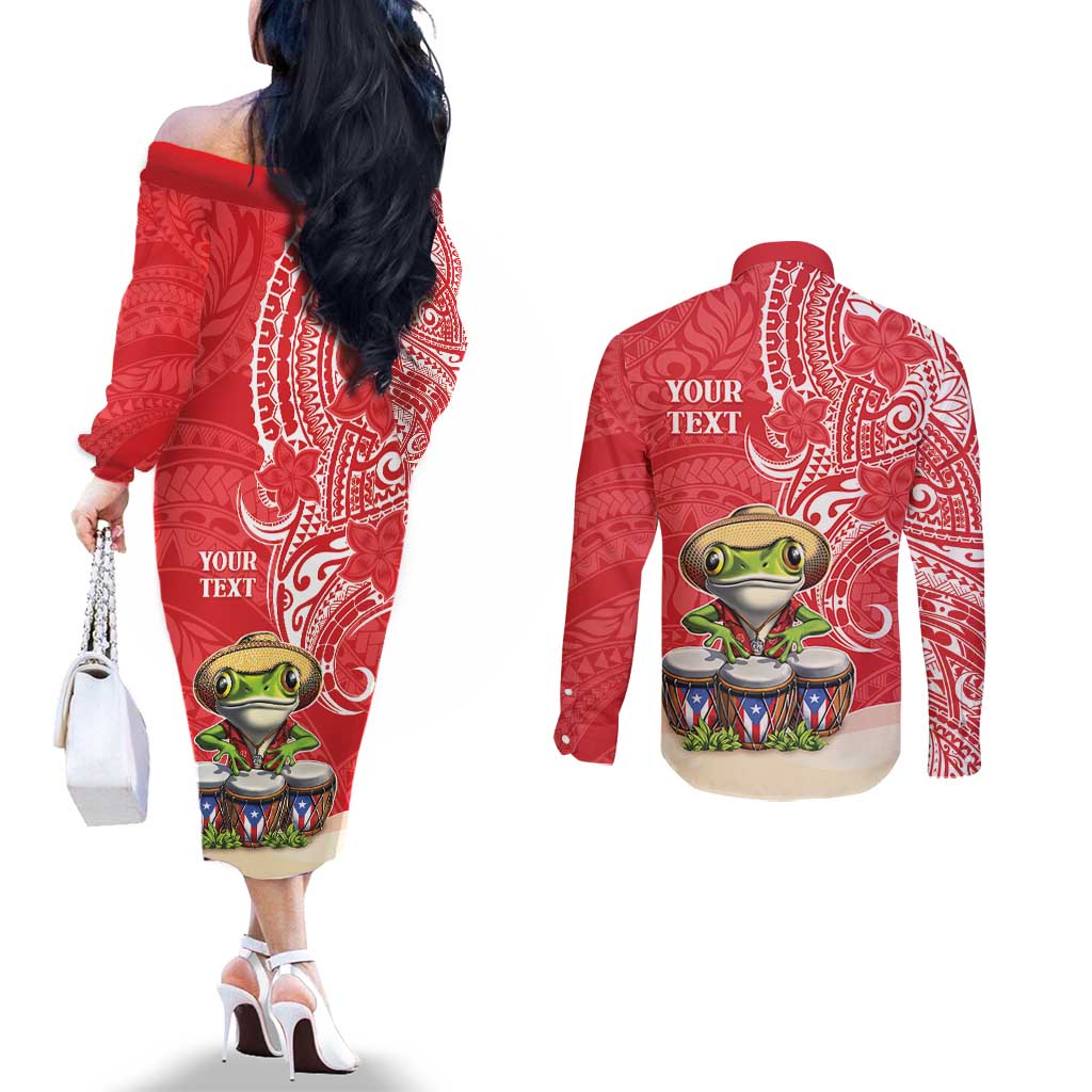 Personalized Puerto Rico Couples Matching Off The Shoulder Long Sleeve Dress and Long Sleeve Button Shirt Coqui Frog With Polynesian Pattern LT05 - Polynesian Pride