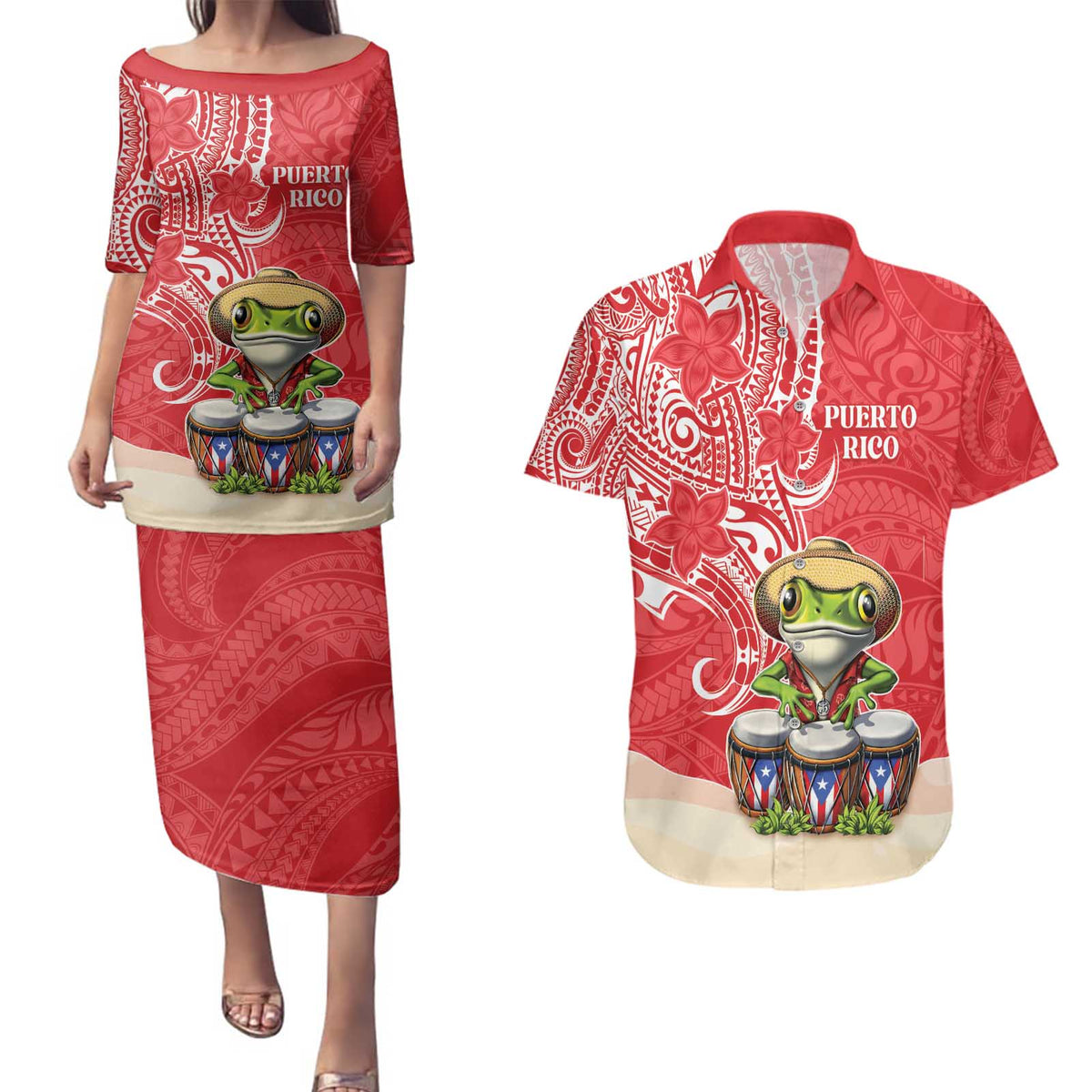 Personalized Puerto Rico Couples Matching Puletasi and Hawaiian Shirt Coqui Frog With Polynesian Pattern LT05 Red - Polynesian Pride